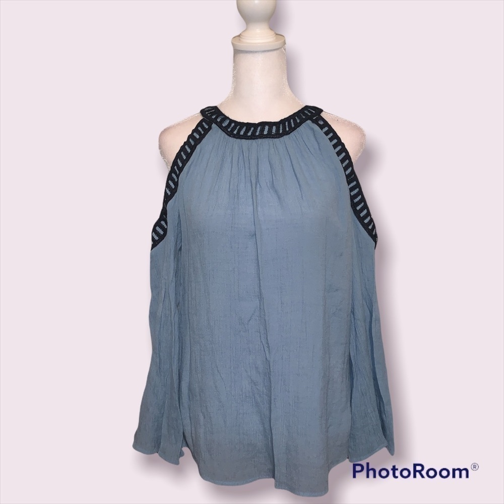 MINE Blue Peek A Boo Sleeve Gauze Top Size‎ Medium